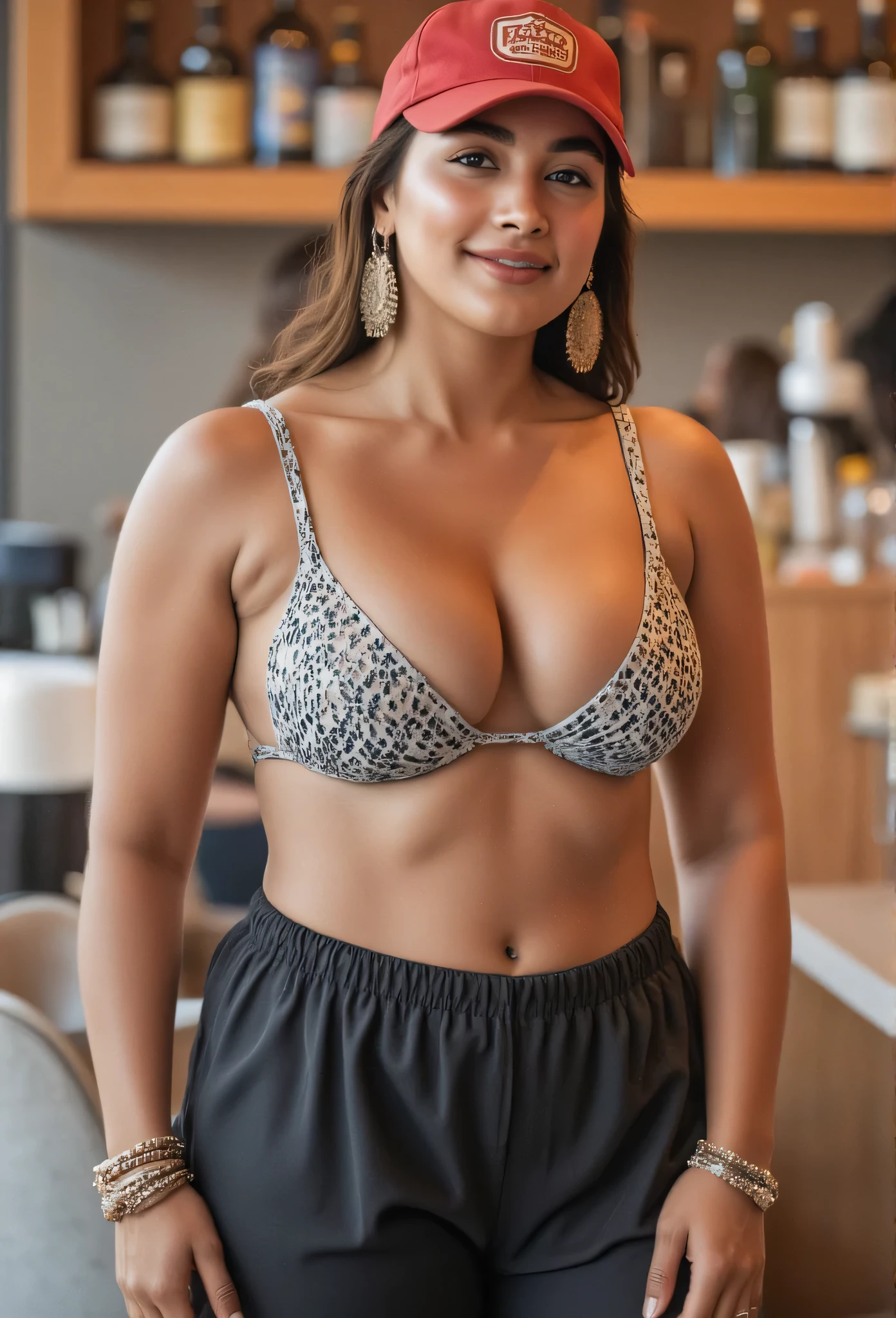 A upper body photo of a sexy, curvy slim model girl from a cafe setting. She's wearing a micro string mini bikini top , pants that hugs hegure, showcasing her thick muscular thighs. She has very big saggy . Her confident smirk radiates charisma as she stands in a cafe as a waitress, as a waitress, her large earrings catching the light. Detailed skin texture, DSLR quality, cinematic lighting, and intricate accessories all come together to capture her allure, (((large breasts))), (((deep open neckline))), (((long waist))), (((bracelets))), (((wide hip))), (((string micro bikini top))), (((big saggy ))), (((wide shoulders))), (((wearing a cap))), (((pants))), (((navel))), (((midriff))),Skin blemish, sydney, smiling