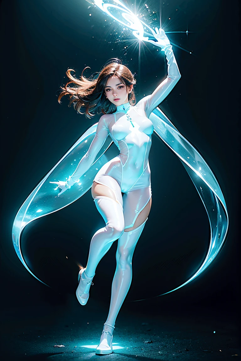 A beautiful woman with a perfect body, glowing translucent bodysuit, dynamic pose