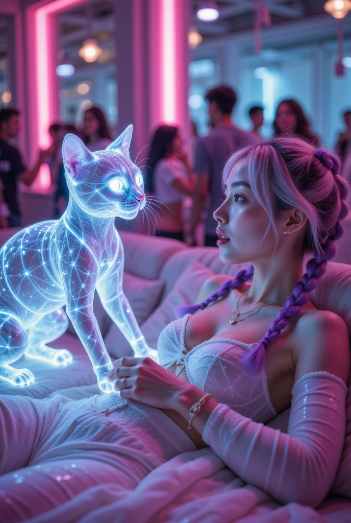 Full color, (transparency:2.0),  rest Ultra-realism ,  detailed and realistic skin texture,  Detailed and Intricate Textures ,  Details and Intricate Brushstrokes , 细节清晰的描绘, Transparent depiction, Aesthetic , Girl with cat,  DJ girl in the club ,  cyberpunk ,  white purple gradient long braids ,  Neon holographic transparent cat dancing like a human,Woman lying on the couch ， and close your eyes,  photos inspired by Jeong Seon  , tumblr,  realistic , Movie Stills, She lay on her back,  Film Screenshot ,  movie highlights ,  Film Screenshot , Still images in ,  real life stills ,  as supervillain Yoo Lee Ji-eun，,(Open your mouth ：1.5，I saw my tongue :1.5）:1.5，My mouth is full of milk ， milk drips on my chest，