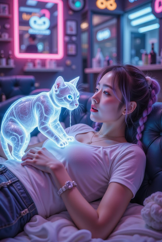 Full color, (transparency:2.0),  rest Ultra-realism ,  detailed and realistic skin texture,  Detailed and Intricate Textures ,  Details and Intricate Brushstrokes , 细节清晰的描绘, Transparent depiction, Aesthetic , Girl with cat,  DJ girl in the club ,  cyberpunk ,  white purple gradient long braids ,  Neon holographic transparent cat dancing like a human,Woman lying on the couch ， and close your eyes,  photos inspired by Jeong Seon  , tumblr,  realistic , Movie Stills, She lay on her back,  Film Screenshot ,  movie highlights ,  Film Screenshot , Still images in ,  real life stills ,  as supervillain Yoo Lee Ji-eun，,(Open your mouth ：1.5，I saw my tongue :1.5）:1.5，My mouth is full of milk ， milk drips on my chest，