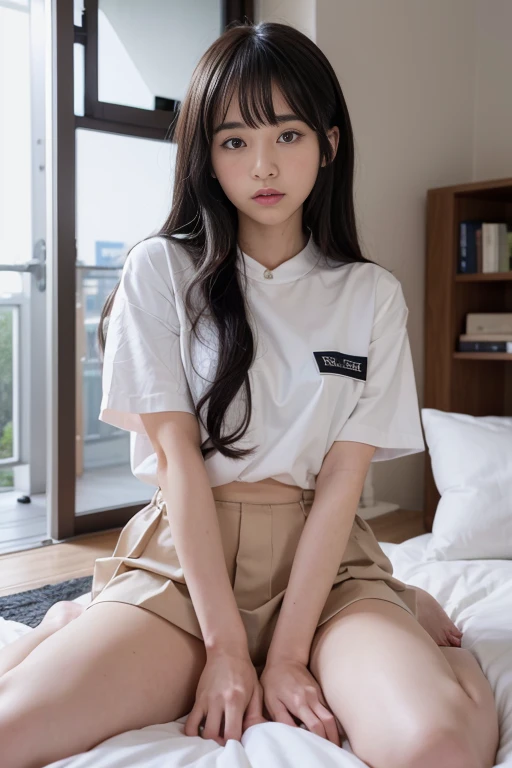 (((-yeld gi)), (((full-body))), (((dark cabin at night))), (((tired girl lying on bed on back with legs spread))), (((trainers and super mini skirt))), Japanese, cute, dark hair, bobbed hair, (((dim lamp lighting))), terrified face , anxious expression, (((horror movie scene))), movie masterpiece, high resolution, detailed drawing, award-winning, highest resolution, realistic, raw photo, 8K wallpaper