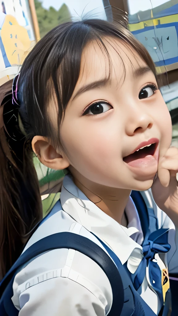 Korean,5 years old,,woman,Show only the face,Eyes wide open, a scary smile,Open your mouth and eyes wide,stick your long tongue out of your mouth