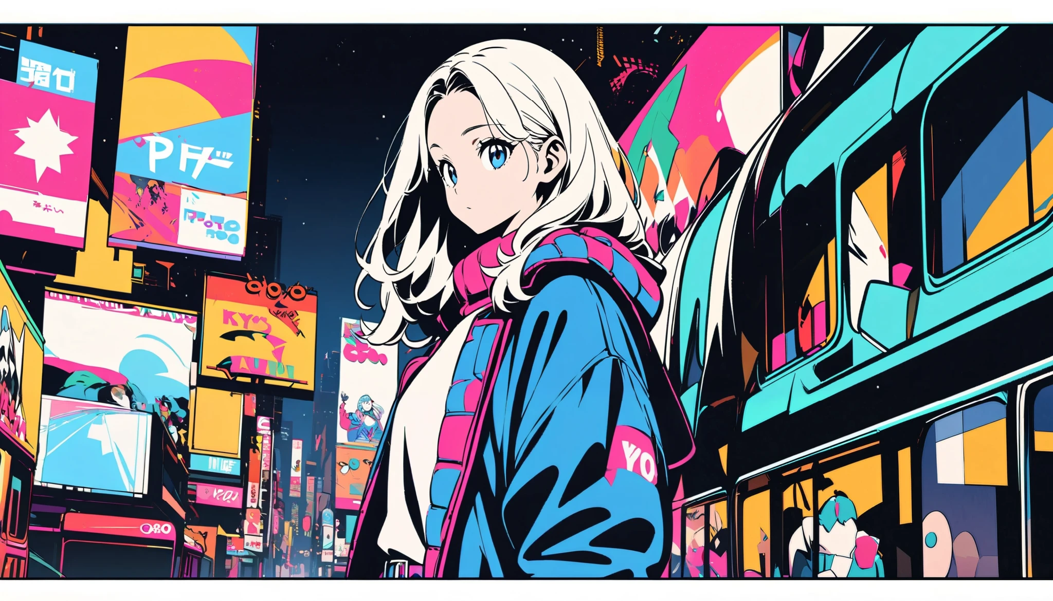 ((Black and white images)),((bus background )),( No Emotion,masterpiece, Highest quality, Beautiful attention to detail, Very detailed, In detail, High resolution, Perfect Anatomy, , , Girl, (one person:1.5), alone, (City pop illustrations), (City Pop Art), Simple Background, (night),(snow)、 ((( muffler ))), ( comments),(gloves),Kyoto Animation, 80's fashion,anime,