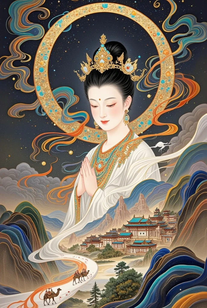 Thangka, Chinese style illustrations，Silk Road，camel，Dunhuang，Chinese ancient buildings，Cloisonne， Cloisonne enamel ，antiquity，Crescent Moon，Buddha，The Flying Fairy，Portrait of Guanyin，Double Exposure，guard