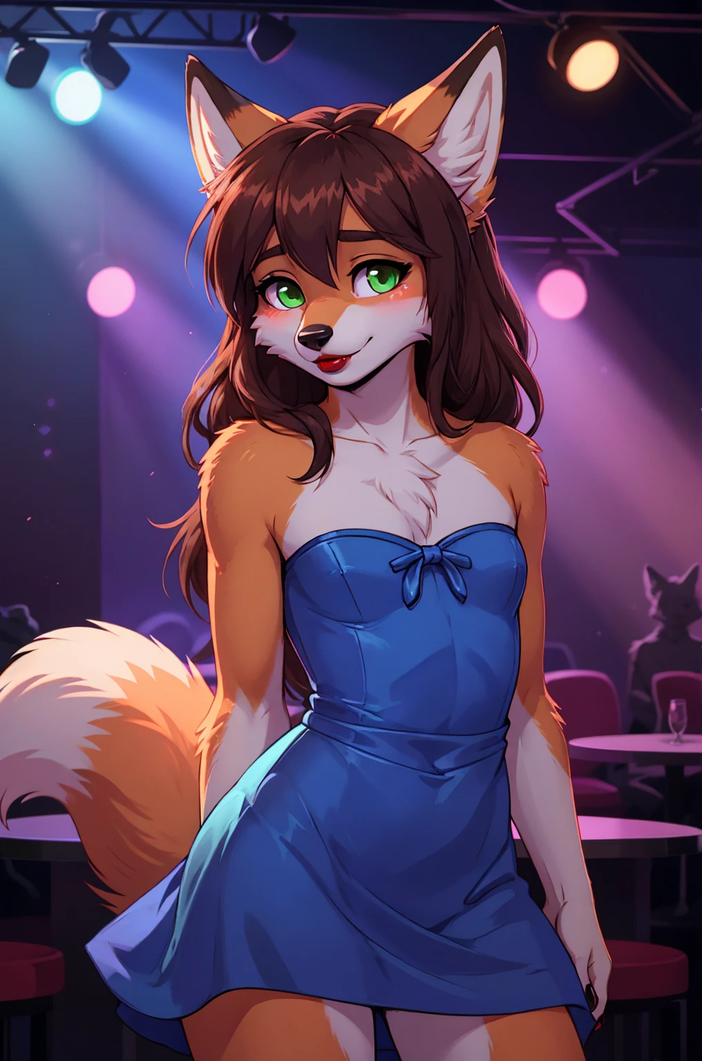 Best quality, furry male fox with green eyes, with brown long hair, with black spout, with red lipstick on lips, big lips, in a blue dress, crossdressing,  shy, choker on the neck, bare chest, flirts, sexy pose, portrait, against the backdrop of an empty nightclub