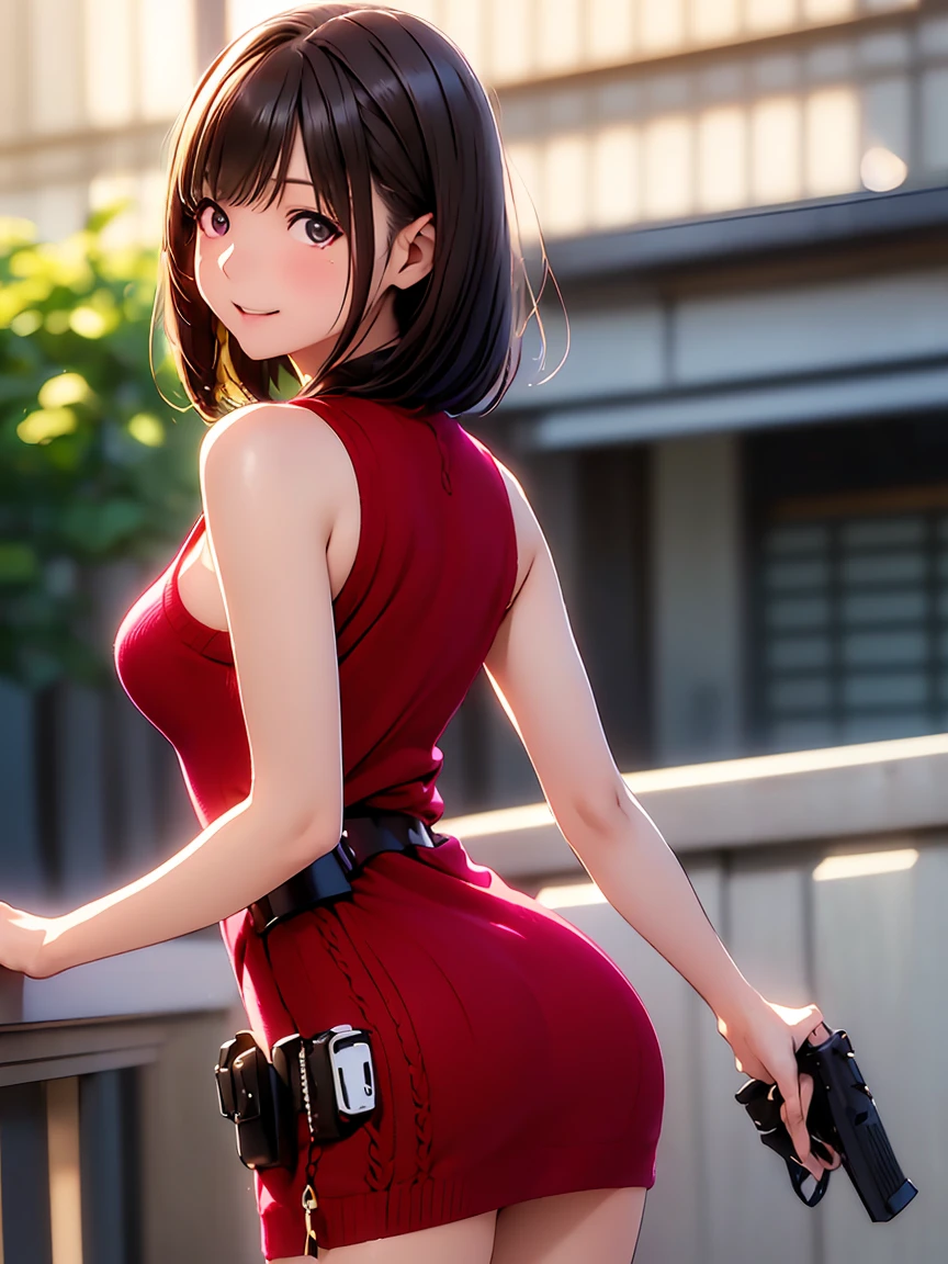   high definition  ,In 8K, best quality , Details,Semi-realistic anime, D-anime style, Smooth Anime CG , one girl , 19-year-old Japanese woman, slim,modeling,((Sparkling Eyes)),(( very short hair)),(( short bob)),(Maroon Glowing Hair ),((No bangs))、((hair intakes)),(forehead), pink lips, Shiny brown hair,(( Gargoyle plaid dress with bright personality )),((( brown and white rhombus check knit dress with a bright personality))),((明るい性格の)),((( Jodie Foster))),((Thighs)),(( pull the gun out of the leg holster )), Detailsな顔,Beautiful and  Details,((深い青紫色のSparkling Eyes)),(Open your mouth),(Laughter),(( beautiful silhouette )),(((cut in leg holster))),(( with a bright personality turn your back )),(Quick Draw)