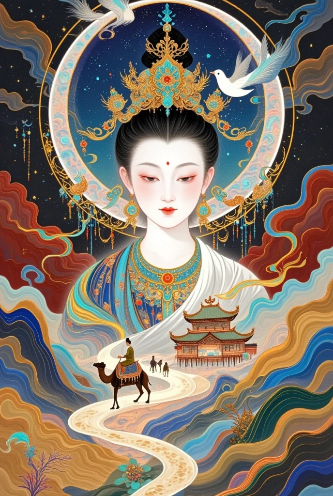 Thangka, Chinese style illustrations，Silk Road，camel，Dunhuang，Chinese ancient buildings，Cloisonne， Cloisonne enamel ，antiquity，Crescent Moon，Buddha，The Flying Fairy，Portrait of Guanyin，Double Exposure，guard