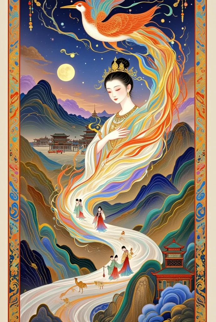 thangka, Chinese style illustrations，Silk Road，camel，dunhuang，Chinese ancient buildings，Cloisonne， Cloisonne enamel ，antiquity， Fire Phoenix ，Crescent Moon，Buddha，The Flying Fairy，Portrait of Guanyin，Double Exposure，Guard