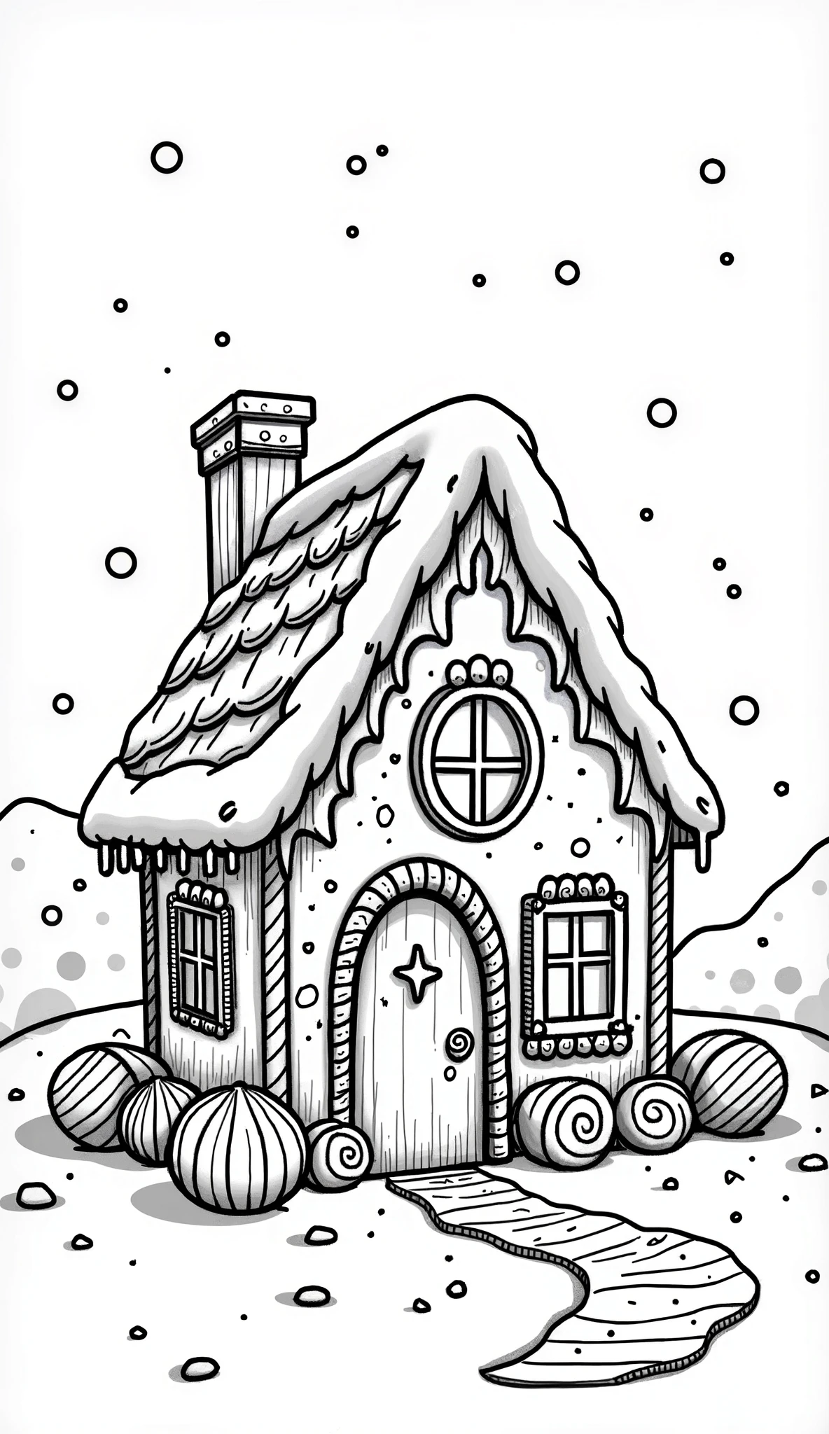 A gingerbread house with candy details and a snowy roof coloring page for s a simple drawing completely empty of colors on a white background without distortion or grey