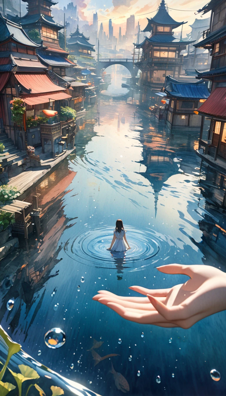 A watercolor painting of a Japanese woman's hand cupping a small pool of water in which a mystical underwater city is reflected, The scene is captured with a focus on the city reflected in the water emphasizing its detailed structures and surreal appearance, Water droplets spill from her hand creating ripples that add a sense of movement and magic to the image, The overall atmosphere is simple yet enchanting with the soft fluid strokes of watercolor enhancing the dreamlike quality of the scene, UHD, super detail, 16k, award winning, masterpiece