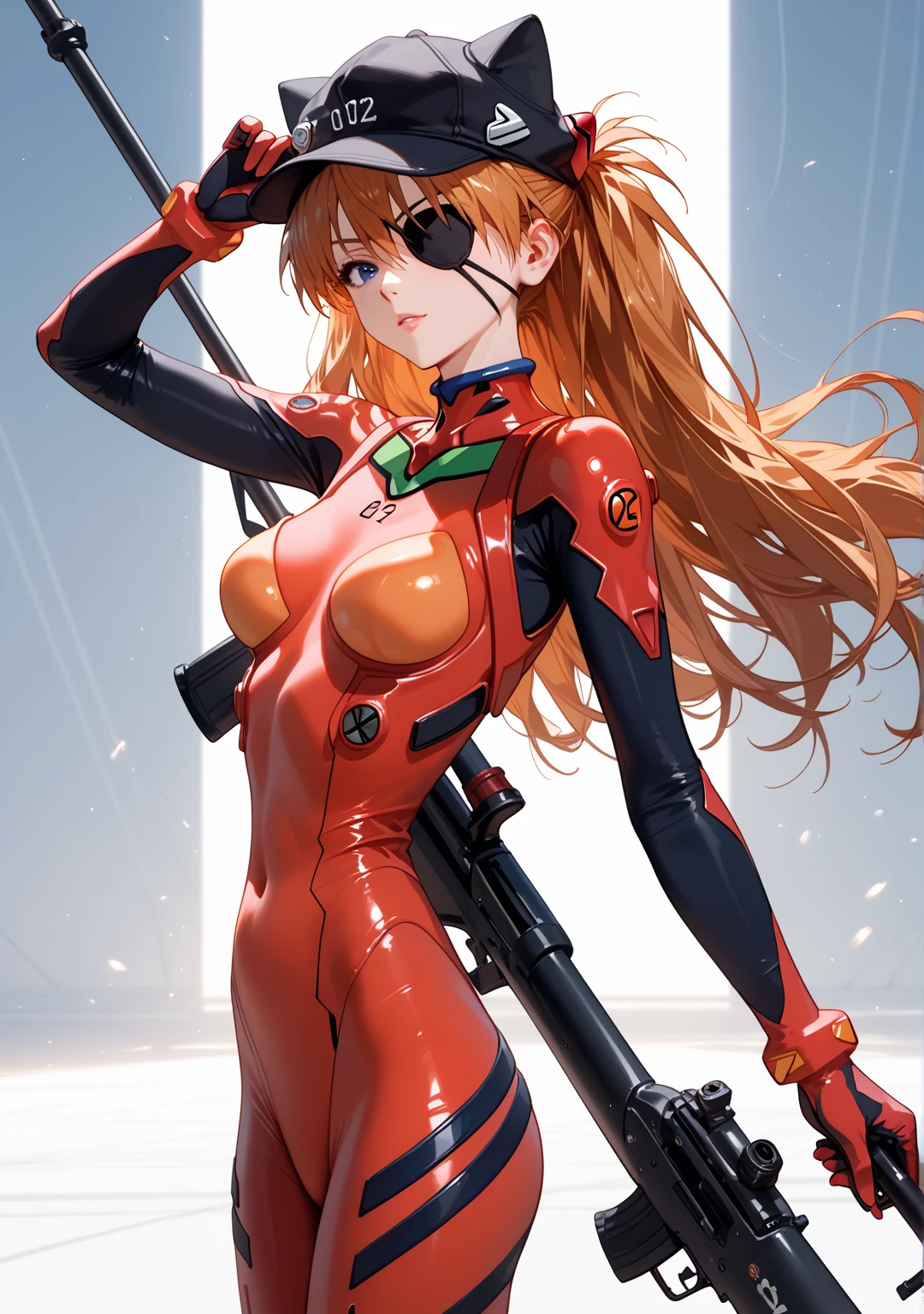     best quality,     best quality,   High-quality illustrations , masterpiece,        ultra high resolution,     detailed background ,     absurd, perfect anatomy,     performance    , Good lighting,     Shadow of the Movie ,     1 girl,   Neon Genesis Evangelion: New Movie、 Shikinami Asuka Langley、 Red Plug Suit  、Eye patch、( Cat hat、black)、( hold a gun . sniper rifle )