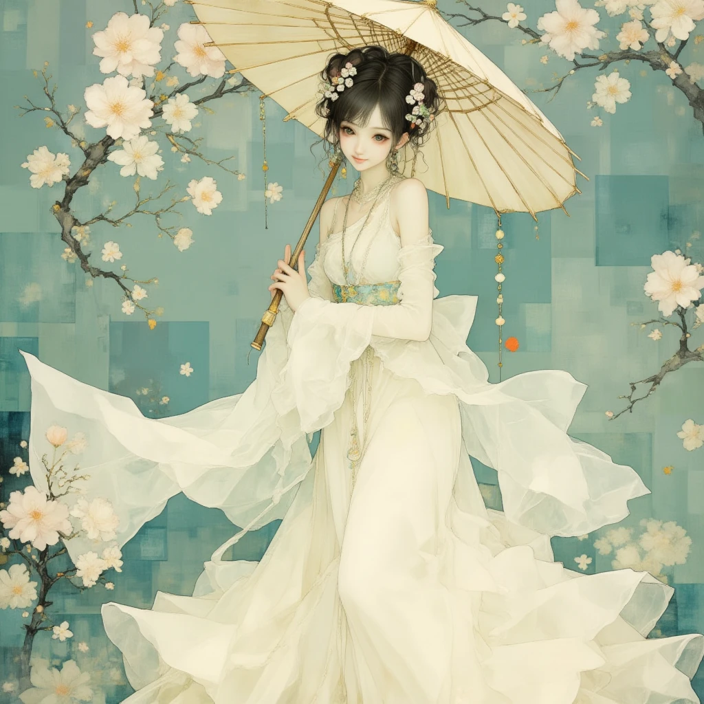 painting of a woman dressed in traditional Chinese dress with a bamboo umbrella, in the style of romantic manga, ethereal transparency, dark white and light gray, i can't believe how beautiful this is, romantic illustrations, dark white and light green, feminine sensibilities --ar 71:128 --stylize 750 --v 6