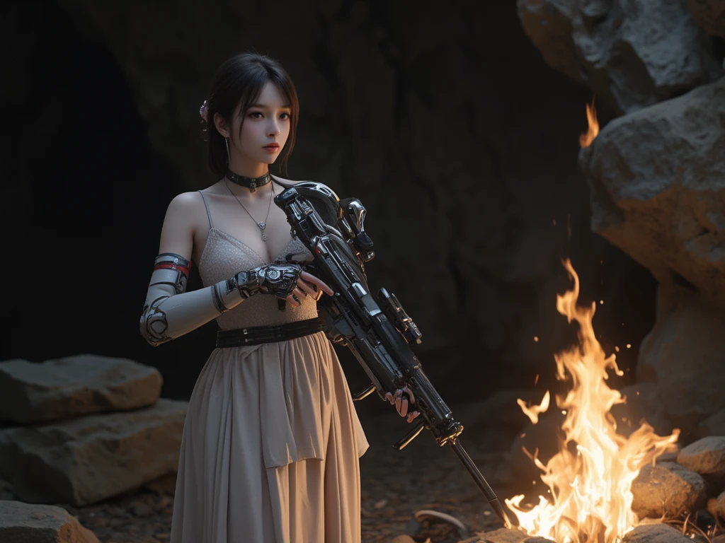 High definition Photography, (Beautiful Female Japanese face), (Beautiful cup-A chests, white pale skin), robotic arm, silver hand, Prosthetic part and cyberware accessories, (ware pretty mediva dress, long skirt), with heavy rifle, camping fire at mystery ancient cave, dark environment, 