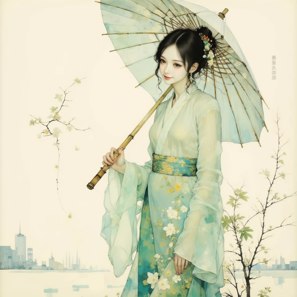 painting of a woman dressed in traditional Chinese dress with a bamboo umbrella, in the style of romantic manga, ethereal transparency, dark white and light gray, i can't believe how beautiful this is, romantic illustrations, dark white and light green, feminine sensibilities --ar 71:128 --stylize 750