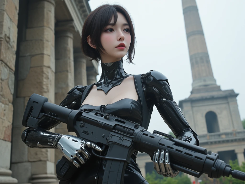 High definition Photography, (Beautiful Female Japanese face), (Beautiful cup-A chests, white pale skin), robotic arm, silver hand, Prosthetic part and cyberware accessories, (wearing pretty mediva dress), with heavy rifle, front of ruin stone wall, and ancient tower, Apocalypse, 