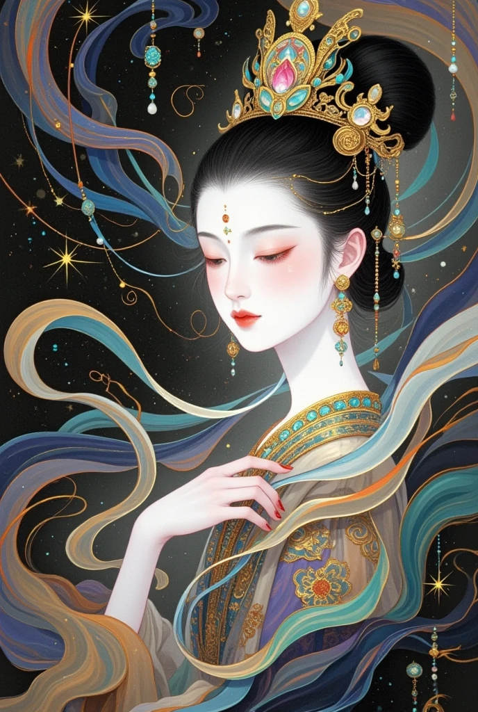   A beautiful portrait of an elegant female Buddha, Goddess Chang'e  ,  Wearing a crown of pearls  , surrounded by swirling mist and cloud,  with a calm expression ,   Delicate facial features ,  Elegant hairstyle ,   Elegant traditional Chinese goddess aesthetics  , (((Star, cloud, mist:1.5))),  digital , Complex lines, Gold details, , Chinese Fantasy,   waist movie lighting , Realistic, 8K,   high resolution, masterpiece