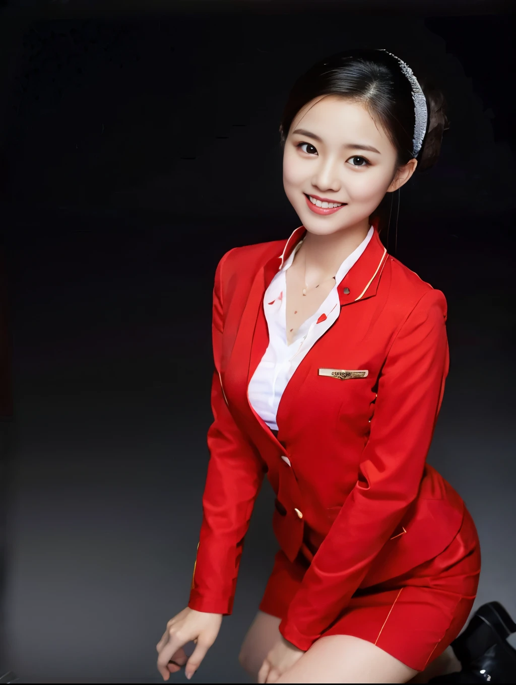 ( A gorgeous lady , 21 years old, wearing an air stewardess , Shenzhen airline stewardess , Wet White Shirt , Wet Red Mini Skirt , Kneeling in the Bathroom , smile with a wine cage , Short Ponytail Hairstyle , short hair wave , Cute Crooked Teeth , Full rounded chest , Straightened flawless legs , Realistic photos, beautiful detailed eyes , Beautiful detailed faces, Surrealism , High Contrast , Ultra HD, Real Skin Texture , Top影像品質, Top, Ultra high resolution , Fine Details , extremely carefully , close-up, from head to legs, masterpiece, ROMANTIC NIGHT , Dark Bokeh Background)