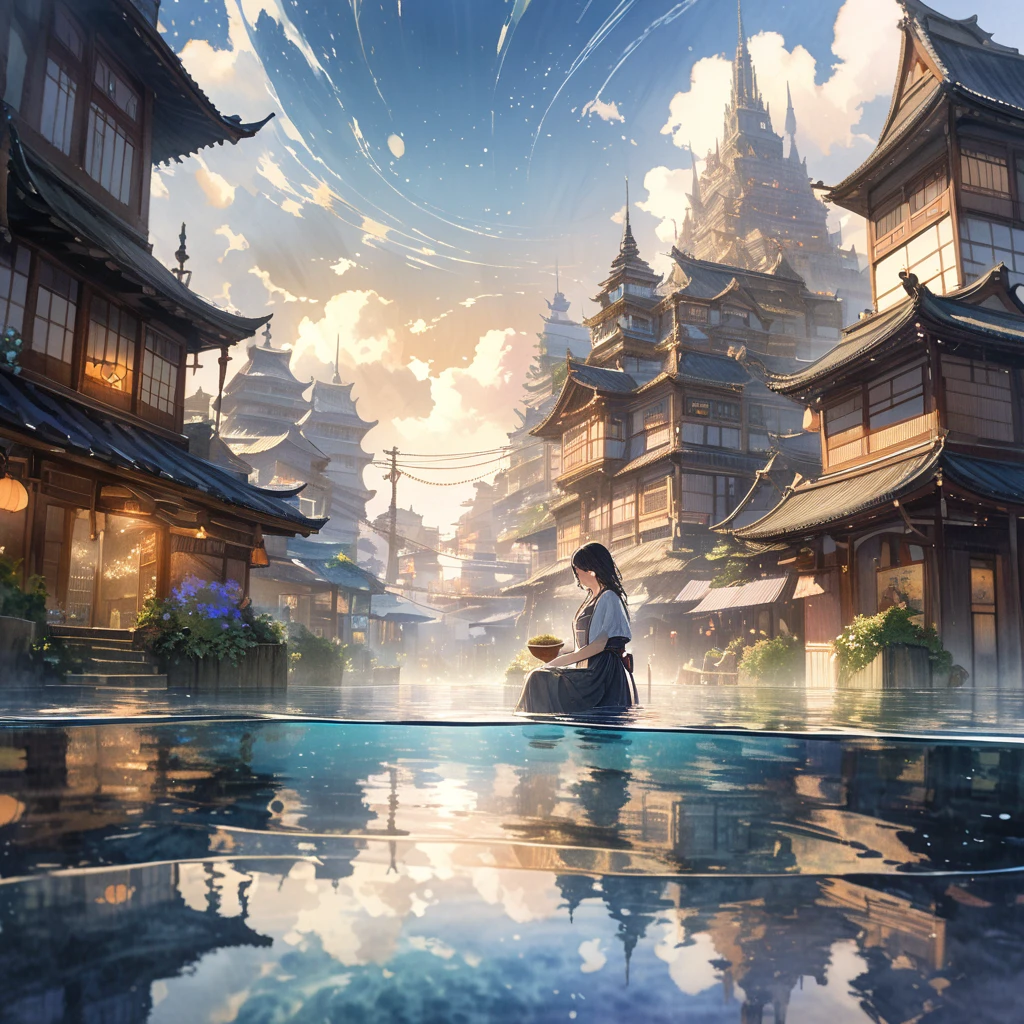 A watercolor painting of a Japanese woman's hands cupping a small pool of water in which a mystical underwater city is reflected, The scene is captured with a focus on the city reflected in the water emphasizing its detailed structures and surreal appearance, Water spills from her hands creating ripples that add a sense of movement and magic to the image, The overall atmosphere is simple yet enchanting, with the soft fluid strokes of watercolor enhancing the dreamlike quality of the scene, UHD, super detail, 16k, award winning, masterpiece