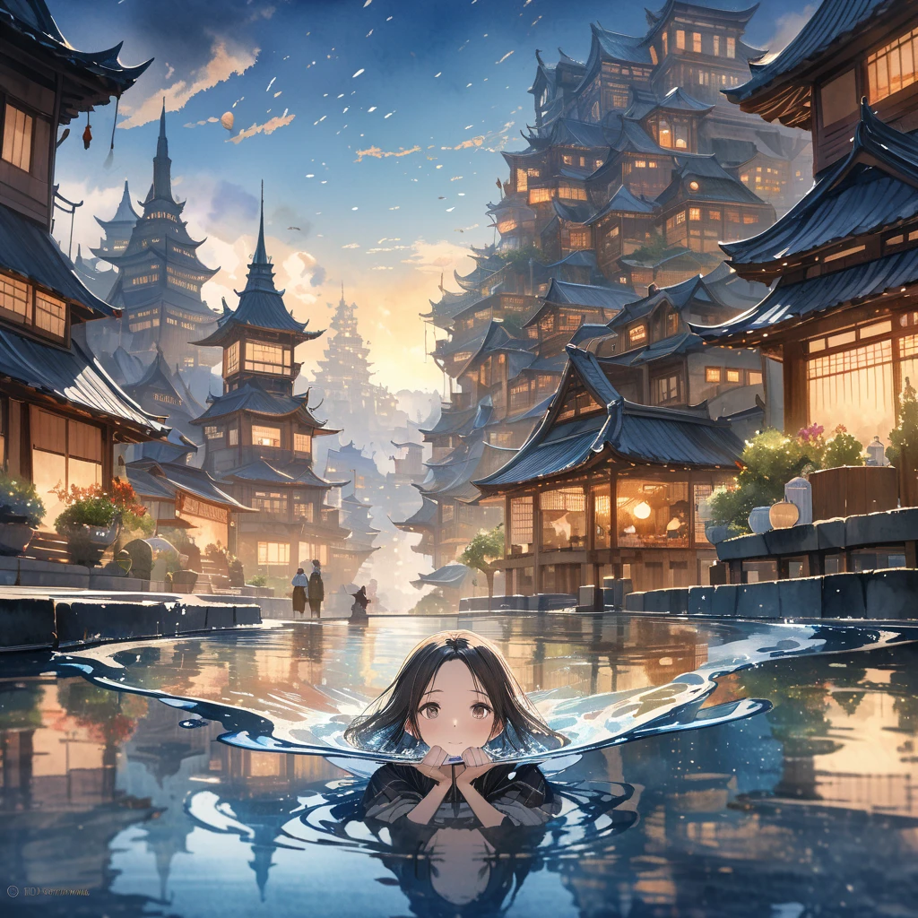 A watercolor painting of a Japanese woman's hands cupping a small pool of water in which a mystical underwater city is reflected, The scene is captured with a focus on the city reflected in the water emphasizing its detailed structures and surreal appearance, Water spills from her hands creating ripples that add a sense of movement and magic to the image, The overall atmosphere is simple yet enchanting, with the soft fluid strokes of watercolor enhancing the dreamlike quality of the scene, UHD, super detail, 16k, award winning, masterpiece