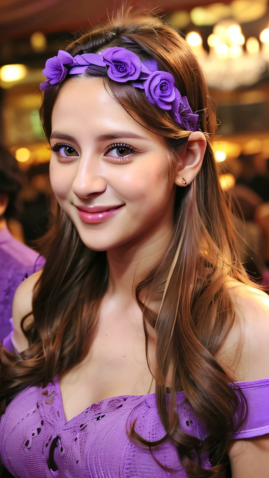 Female ((30year old)), hair ((long, wavy, brown)), eyes ((hazel, smart eyes)), clothes ((Polyester, hotpants, off-shoulders, purple, light purple)), accessories ((hairband)), gigantic breast, oppai, seductive smile, smiling, indoor , night club, night ambience atmosphere