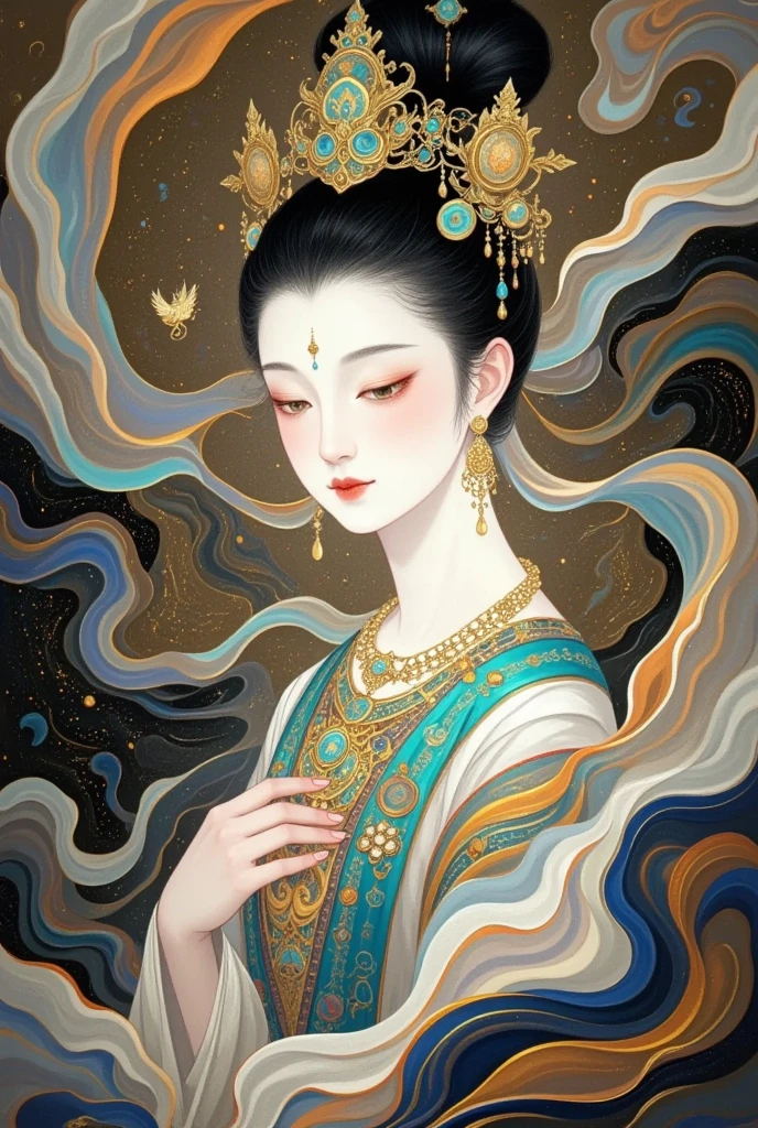   A beautiful portrait of an elegant female Buddha, Goddess Chang'e  ,  Wearing a crown of pearls  , surrounded by swirling mist and cloud,  with a calm expression ,   Delicate facial features ,  Elegant hairstyle ,   Elegant traditional Chinese goddess aesthetics  , (((Star, cloud, mist:1.5))),  digital , Complex lines, Gold details, , Chinese Fantasy,   waist movie lighting , Realistic, 8K,   high resolution, 杰作embroidery，thangka, Chinese style illustrations，Silk Road，camel，dunhuang，Chinese ancient buildings，Cloisonne， Cloisonne enamel ，antiquity， Fire Phoenix ，Crescent Moon，Buddha，The Flying Fairy，Portrait of Guanyin，Double Exposure，Guard
