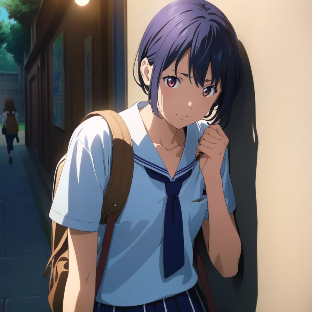 Anime girl with backpack and backpack on her shoulders and leaning against a wall,  Kyoto animation  still,  cute girl anime visual drawn with colored pencils, smooth anime cg art,  Realistic Anime Girl Rendering ,  Kyoto animation  key visual, Young woman anime visual,  young anime girl ,  Kyoto animation , Makoto Shinkai.   digital rendering  , in style of  Kyoto animation ,  Beautiful Anime High School Girl 