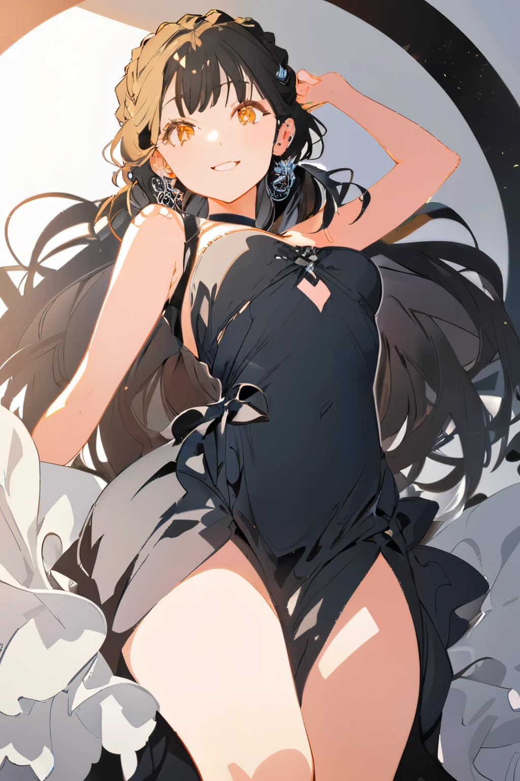 a smiling girl, masterpiece, highest quality, official art, flat color, colorful, , 1 girl, alone, white background, 2D, Braid, braid hair,,white dress,,white shirts,,gothic dress,,looking viwer, tied hair,(gothic dress),goth,,see through,