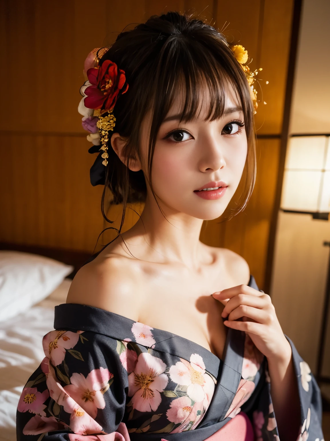 (  shows off split bangs ),  very cute face ,  amazing face and eyes, ( very detailed eyes,  high-definition face ), Fresh,  very beautiful appearance, (超Realistic,  high definition ), ( best quality:1.4),  RAW Photos, (Realistic,  Photo Real:1.37),   professional photos , ( flower-patterned yukata :1.5), (Open yukata), ( clevis:1.2), ( bare shoulders), Laugh a little, (look at me), bedroom, Portrait of a Girl,