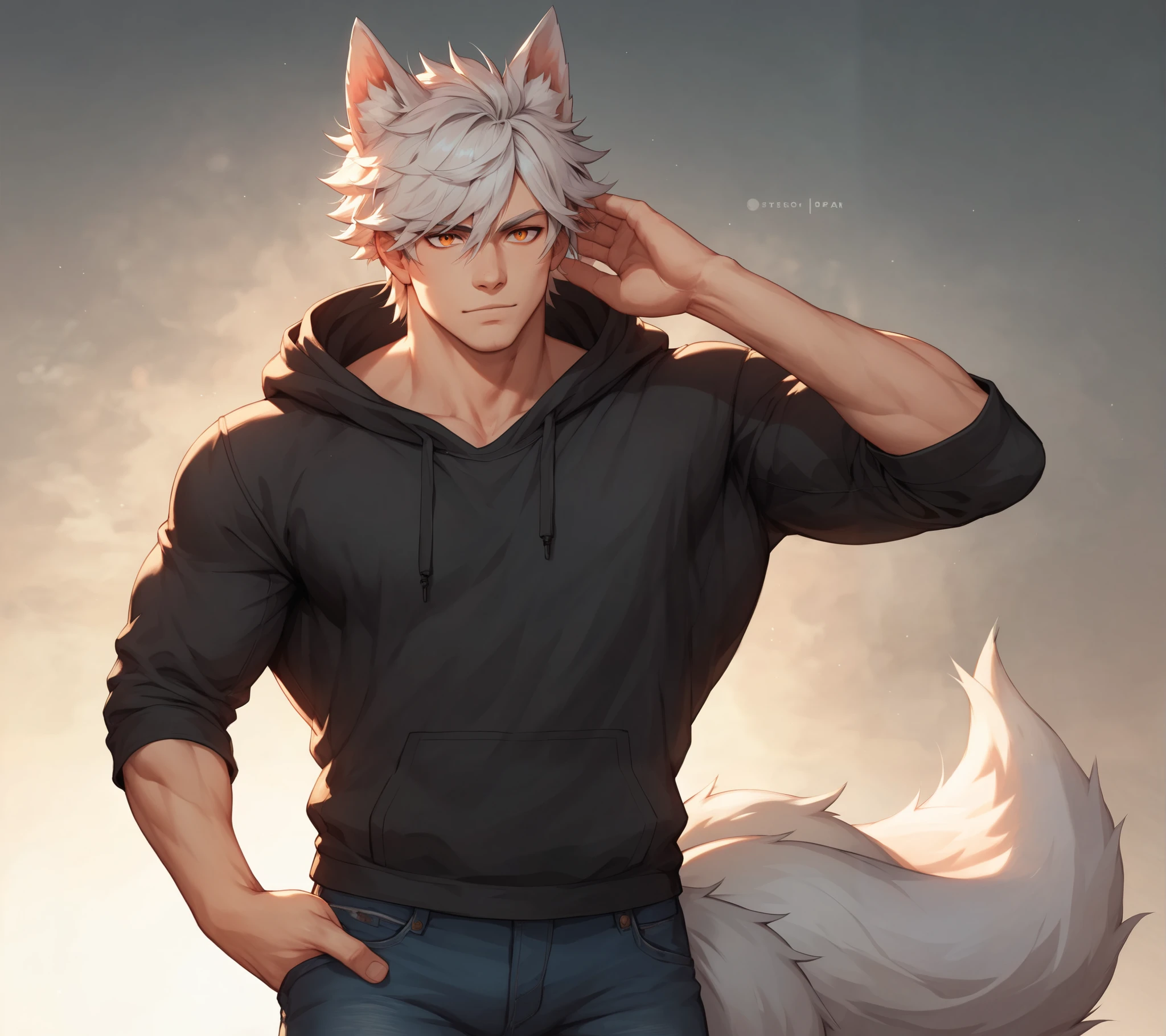 (masterpiece), best quality, expressive eyes, perfect face, Male, Silver hair, green eyes, middle part hair, Kitsune, fox ears, white sweater, black pants, handsome, narrow eyes, nonchalant