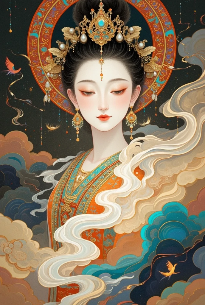   A beautiful portrait of an elegant female Buddha, Goddess Chang'e  ,  Wearing a crown of pearls  , surrounded by swirling mist and cloud,  with a calm expression ,   Delicate facial features ,  Elegant hairstyle ,   Elegant traditional Chinese goddess aesthetics  , (((Star, cloud, mist:1.5))),  digital , Complex lines, Gold details, , Chinese Fantasy,   waist movie lighting , Realistic, 8K,   high resolution, 杰作embroidery，thangka, Chinese style illustrations，Silk Road，camel，dunhuang，Chinese ancient buildings，Cloisonne， Cloisonne enamel ，antiquity， Fire Phoenix ，Crescent Moon，Buddha，The Flying Fairy，Portrait of Guanyin，Double Exposure，Guard
