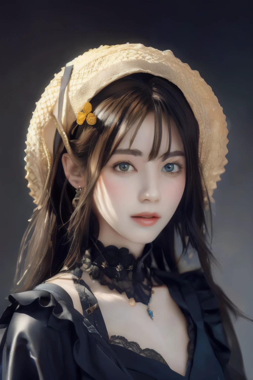 Hay una mujer con sombrero y un vestido negro, con cara muy detallada, Tiene una mirada penetrante, ( ( ojos negros profundos ) ), loli, Personaje de primer plano, Primer plano del personaje, Altamente_Detallado_cara!!!, inspirado por Ma Yuanyu, Cara detallada sin borrosidad, Primer plano del personaje, highly detailed character, mirada penetrante