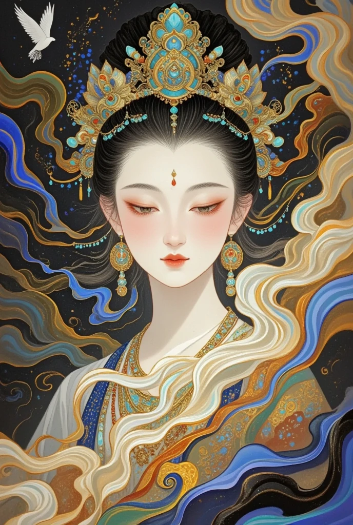   A beautiful portrait of an elegant female Buddha, Goddess Chang'e  ,  Wearing a crown of pearls  , surrounded by swirling mist and cloud,  with a calm expression ,   Delicate facial features ,  Elegant hairstyle ,   Elegant traditional Chinese goddess aesthetics  , (((Star, cloud, mist:1.5))),  digital , Complex lines, Gold details, , Chinese Fantasy,   waist movie lighting , Realistic, 8k,   high resolution, 杰作embroidery，thangka, Chinese style illustrations，Silk Road，camel，dunhuang，Chinese ancient buildings，Cloisonne， Cloisonne enamel ，antiquity， Fire Phoenix ，Crescent Moon，Buddha，The Flying Fairy，Portrait of Guanyin，Double Exposure，Guard
