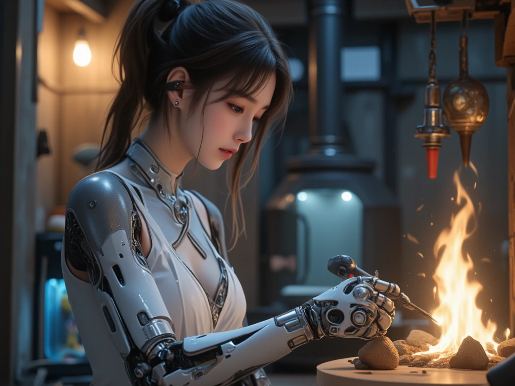 High definition Photography, (Beautiful Female Japanese face), (Beautiful cup-A small chests), (white pale skin), (robotic arm, silver hand, Prosthetic part and cyberware accessories), (wearing pretty mediva dress), doing mechanical with tiny robotic tools at small cabin, fire place around, at night, 