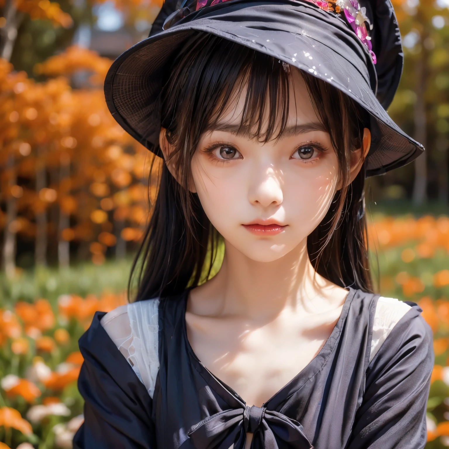 (Beautiful Japanese female), dressed as Halloween witch, cute face, (deeply carved face:0.7), (freckles:0.6), soft light, healthy white skin, shy, bob, (serious face), (sparkling eyes), wearing gothic Halloween dress and witch hat, black and orange theme, Halloween atmosphere, autumn background,(face close up image:)