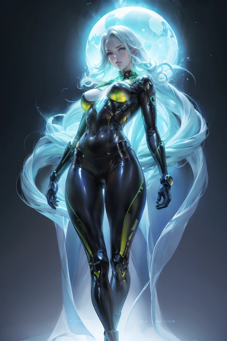 A beautiful woman with a perfect body, glowing translucent bodysuit, dynamic pose