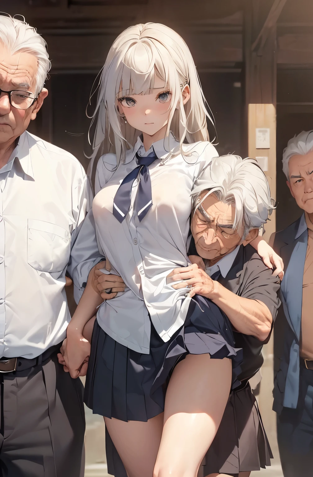 (nsfw:1.2),((One girl, 1 Elderly)), (Skirt flip:1.4), ((Old man grabs woman&#39;s waist)), The old man laughs evilly, Huge breasts:1.7, Anime cel painting style, Highest quality, High resolution, Huge breasts:1.8, good, High leg panties,blue eyes, Purple Hair, bangs, Side Ponytail, hair ornaments, Embarrassing, fear, blush, View Viewer, whole body、(((Completely naked:1.8)))、He is moving his hands violently to his crotch