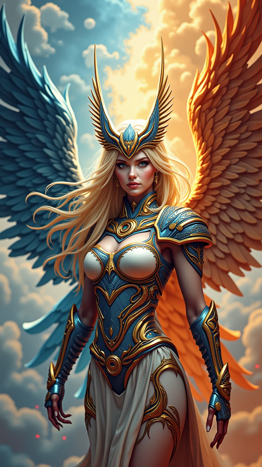 fantasy art, RPG art, a picture of (2 women: 1.6), a female angel (Masterpiece, intricate details: 1.5), wearing dress, pale skin, best details beautiful face (Masterpiece, intricate details: 1.3 ), blond hair, long hair wavy hair (Masterpiece, intricate details: 1.3), blue eyes, high heeled boots, wearing a dress (Masterpiece, intricate details: 1.3), large feathered wings, white angel_wings spread AND a female demon (Masterpiece, intricate details: 1.5), demon, red skin (Masterpiece, intricate details: 1.3), black flame wings spread, demonic horns (Masterpiece: 1.3), red skin (Masterpiece: 1.3), black hair, red eyes, best details beautiful face (Masterpiece, intricate details: 1.2), wearing a dress (Masterpiece, intricate details: 1.3), black high heels, in the border between heaven and hell, moon, stars, clouds, god rays, soft natural light silhouette, dynamic angle, photorealism, panoramic view (Masterpiece 1.3, intense details) , Wide-Angle, Ultra-Wide, faize