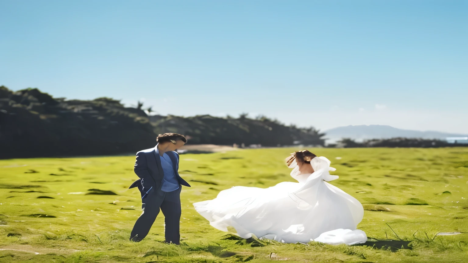 bride and groom walking down a road holding hands, modest flowing gown, in a scenic background, wearing a wedding dress, lovely couple, luxurious wedding, wedding dress, bride and groom, this is beautiful, white hijab, with mountains in the background, wedding photo, back view. nuri iyem, with beautiful mosques, happy couple, beautiful wedding dress