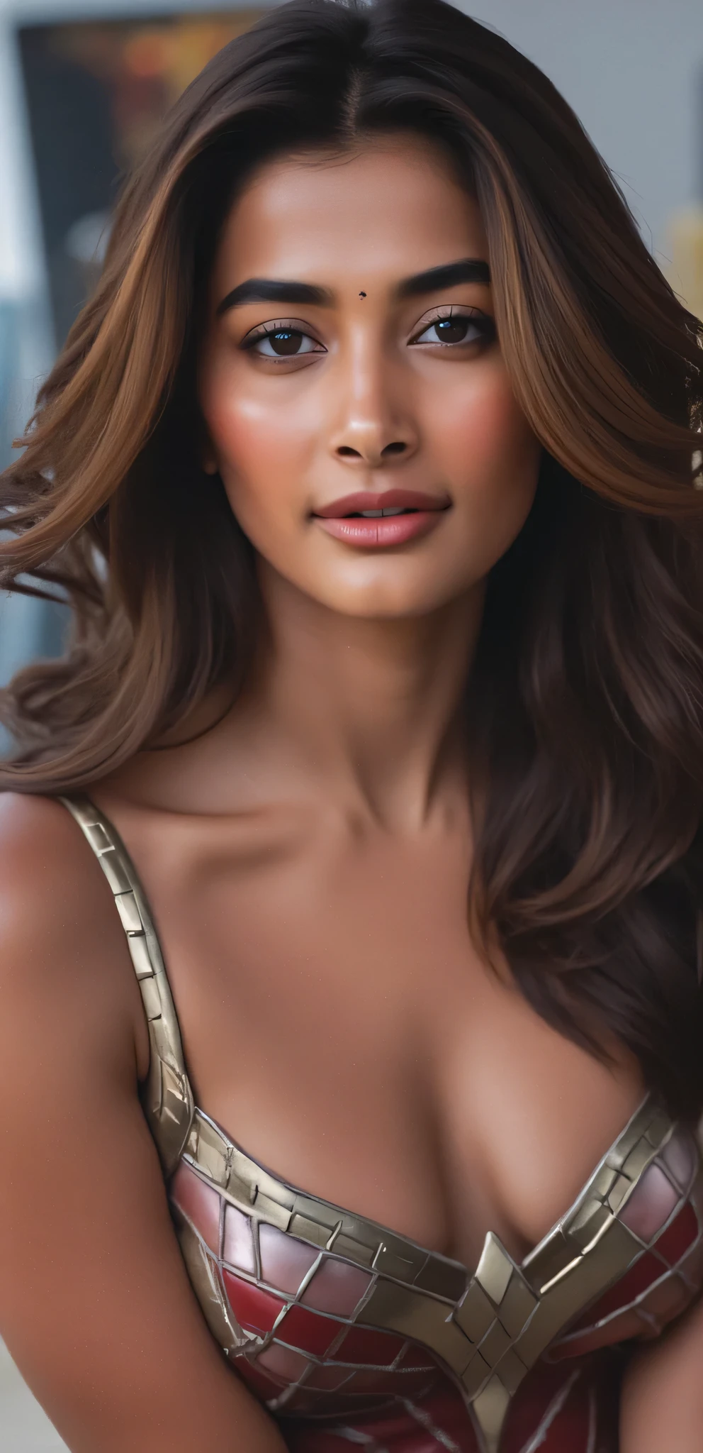 a beautiful indian woman with brown skin tone, wonder woman costume, huge cleavage, leaning forward, looking directly at viewer, intricate detailed facial features, (best quality,4k,8k,highres,masterpiece:1.2),ultra-detailed,(realistic,photorealistic,photo-realistic:1.37),HDR,UHD,studio lighting,ultra-fine painting,sharp focus,physically-based rendering,extreme detail description,professional,vivid colors,bokeh,digital painting,3D render,cinematic lighting,dramatic pose,heroic,powerful,strong,confident