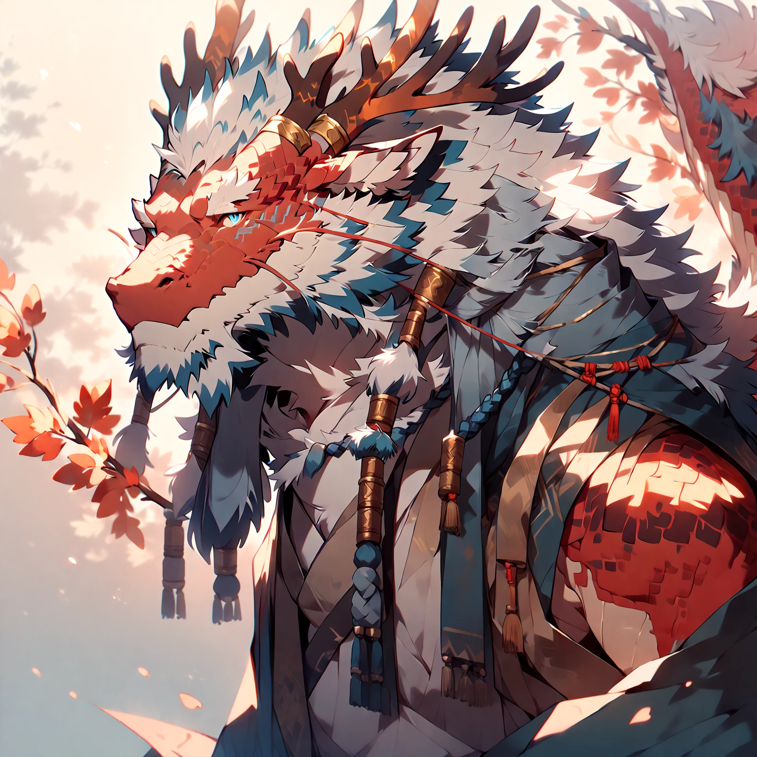 # Main Character: (Eastern Dragon Furry:1.8), muscular mature male, masterpiece, (full body portrait:1.4)

Dragon Features: (red scales:1.6), white belly scales, blue eyes, antlers, gray mane,shirtless

Background: (solid color background:1.5), simple environment, (soft lighting:1.2), (warm color tones:1.3)
