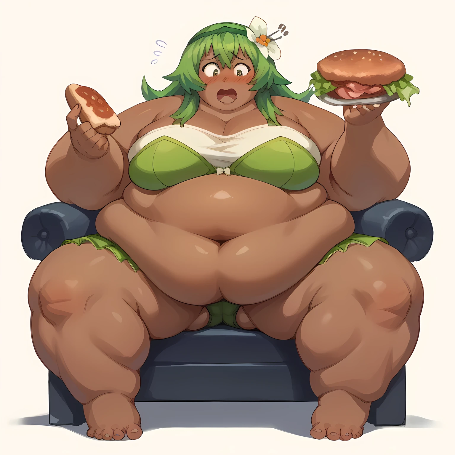 blush, open mouth, green bra and panties, fat, chubby, obese, gigantic arms and legs, large breasts, amaliayoung, green hair, long hair, hair flower, dark skin, bare shoulders, detailed face, perfect quality, open mouth,  out of breath,, sitting on a chair, embarrassed, blush, eating meat, full body shot