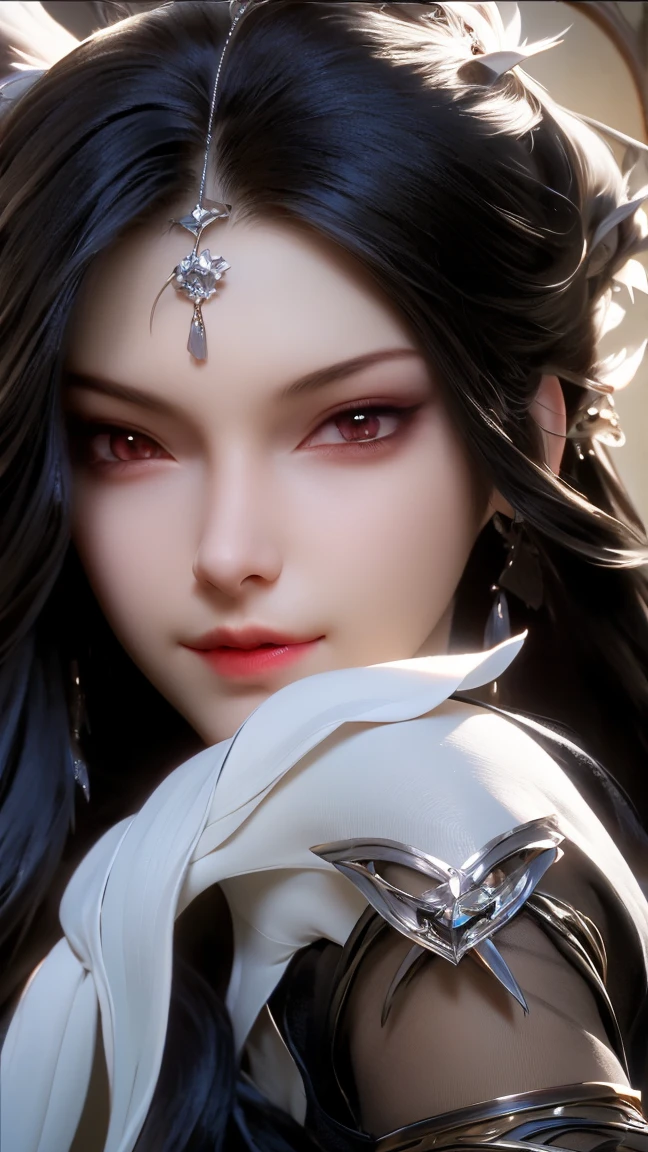 masterpiece,  high detail,  Very detailed（1.2）, precise, Ultra HD,, character design ,Darkening, Ninotail fox woman ,Bangs, long hair, forehead pattern, red eye,  wearing red Chinese Hansel costume,Emitting black air , movie light effect , , 