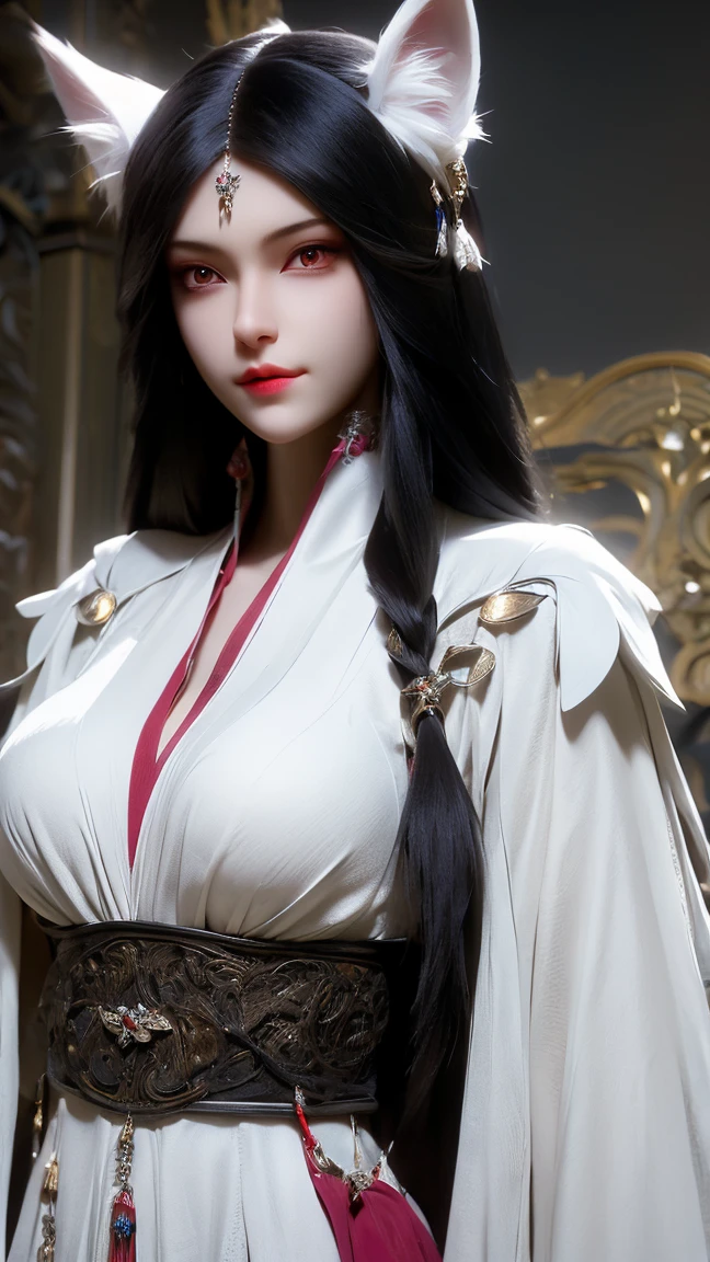 masterpiece,  high detail,  Very detailed（1.2）, precise, Ultra HD,, character design ,Darkening, Ninotail fox woman ,Bangs, long hair, forehead pattern, red eye,  wearing red Chinese Hansel costume,Emitting black air , movie light effect , , 