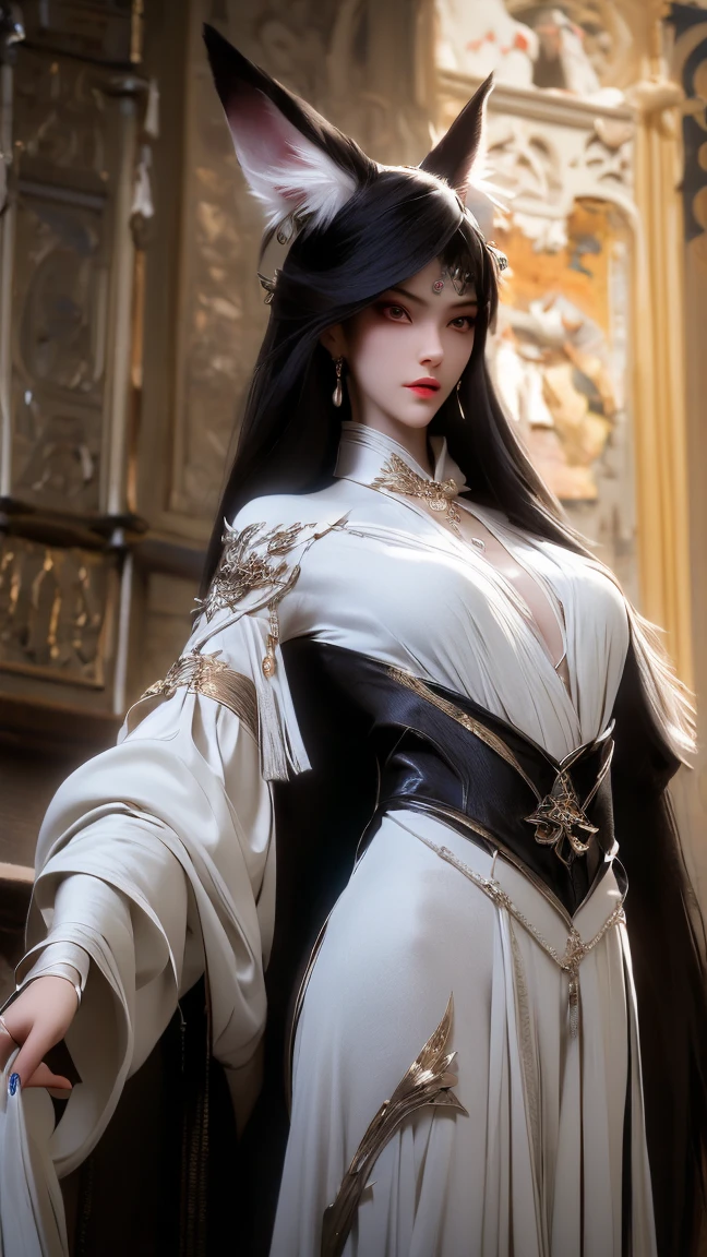 masterpiece,  high detail,  Very detailed（1.2）, precise, Ultra HD,, character design ,Darkening, Ninotail fox woman ,Bangs, long hair, forehead pattern, red eye,  wearing red Chinese Hansel costume,Emitting black air , movie light effect , , 