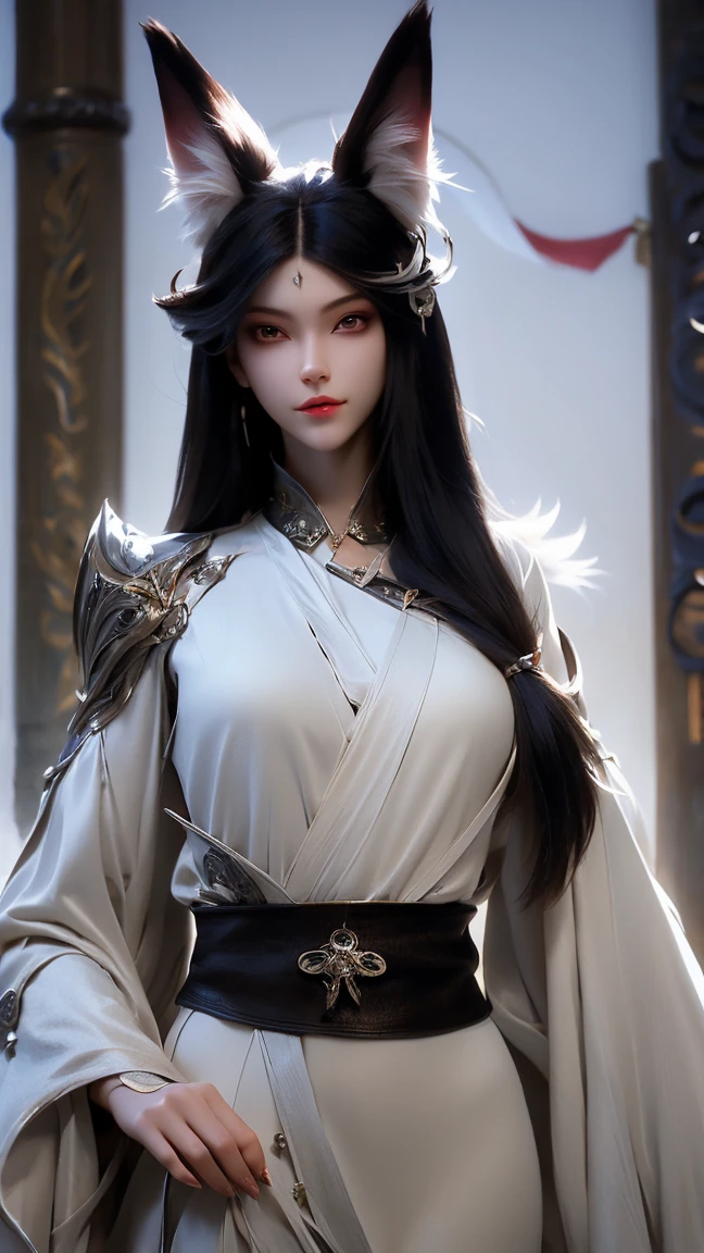 masterpiece,  high detail,  Very detailed（1.2）, precise, Ultra HD,, character design ,Darkening, Ninotail fox woman ,Bangs, long hair, forehead pattern, red eye,  wearing red Chinese Hansel costume,Emitting black air , movie light effect , , 