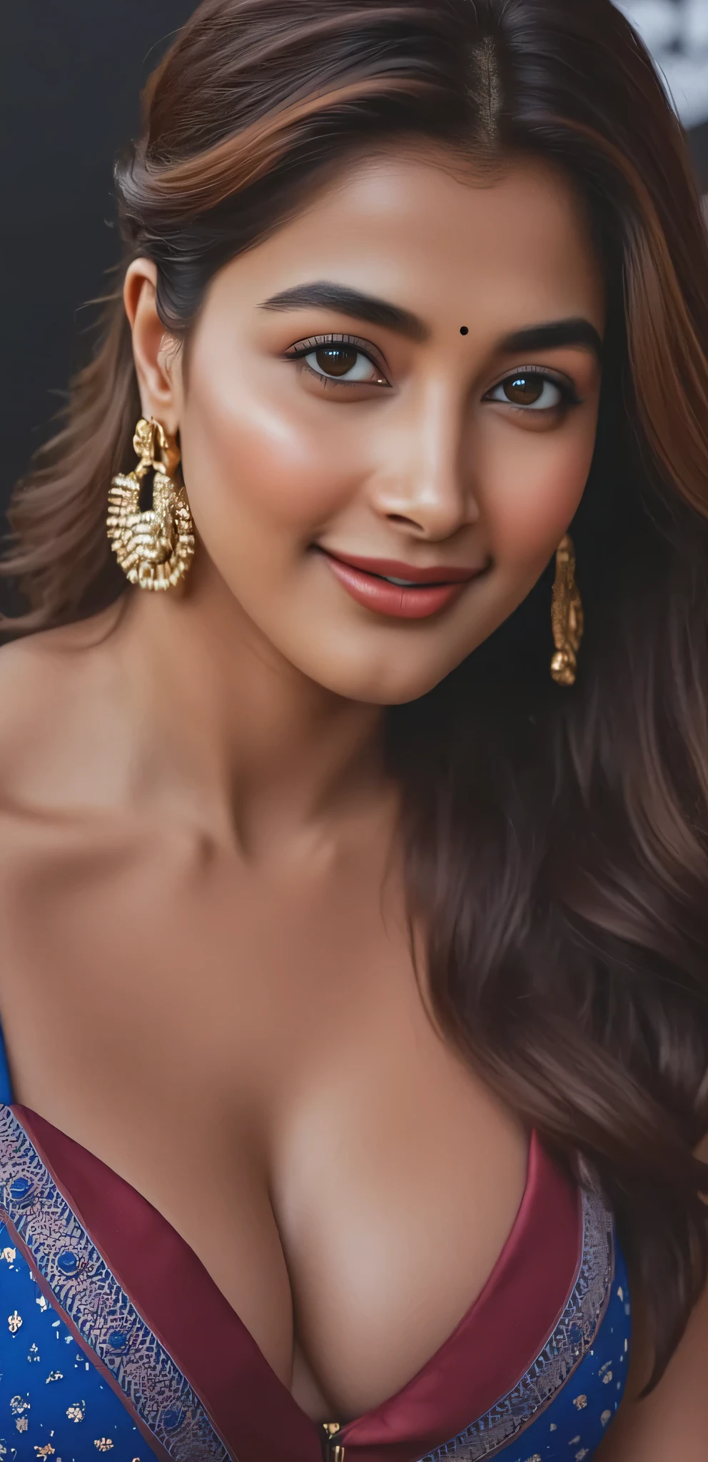 a beautiful indian woman with brown skin tone, wonder woman costume, huge cleavage, leaning forward, looking directly at viewer, intricate detailed facial features, (best quality,4k,8k,highres,masterpiece:1.2),ultra-detailed,(realistic,photorealistic,photo-realistic:1.37),HDR,UHD,studio lighting,ultra-fine painting,sharp focus,physically-based rendering,extreme detail description,professional,vivid colors,bokeh,digital painting,3D render,cinematic lighting,dramatic pose,heroic,powerful,strong,confident