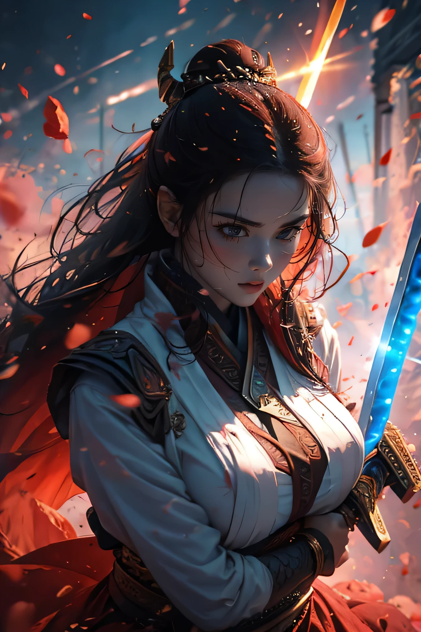 She is the Queen of Destruction, descending from the sky、A humanoid weapon of destruction from space, she face perfect Hollywood actress styles, like a young woman, wearing silk clothes, her face and body are carved with intricate artistic patterns、 but her expression is as divine as that of a goddess、(((((She carries a huge great sword belonging to the Norse god of war, which emits red thunder lightning)))))、((((((Land with force and force on the ground)))))))、(((Upper body zoom up)))