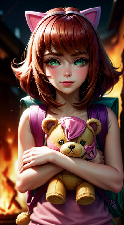   green eyes, Annie ( League of Legends ) ,   red hair  , in love ,  happy, with brown skin ,   short hair  ,  fake pink cat ears, Flequillo largo, Fire,  teddy bears , purple shirt, pink backpack , alone,  about, 
