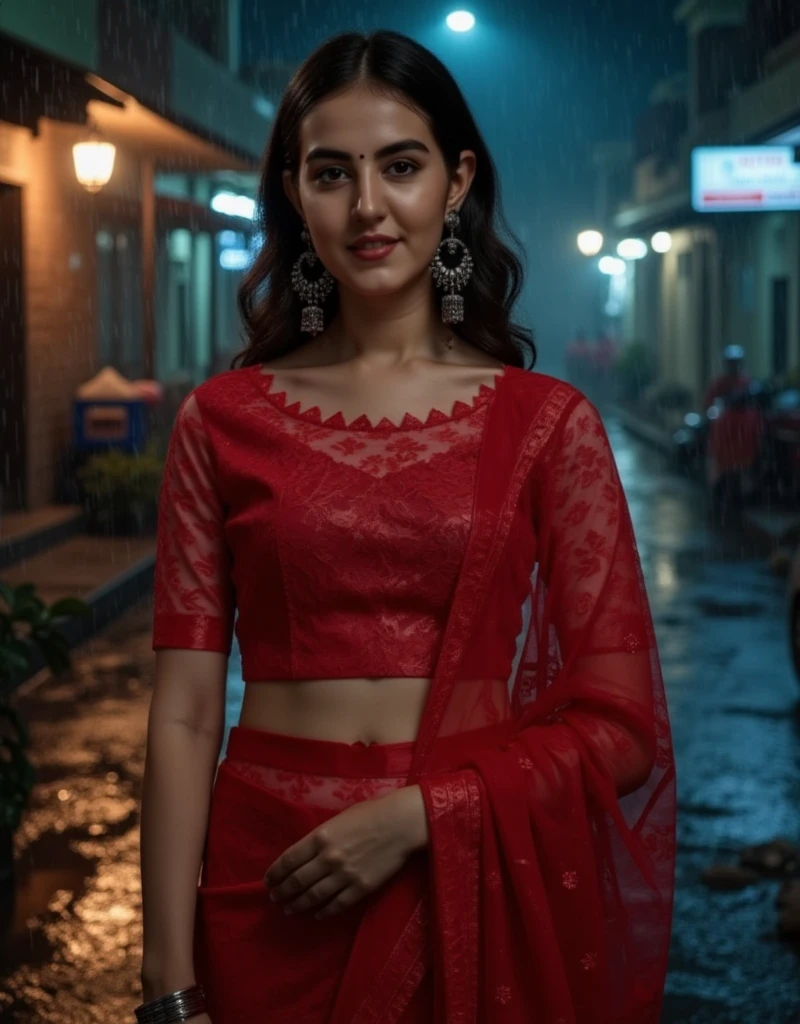 air skinned woman in a rain and getting herself drenched from the rain water in the middle of a night road, she is wearing red sequin silk shiny saree on a shiny red satin u neck short sleeve blouse, fully wet drenched body and clothes, wet long hair, glossy poutlips, cleavage cut line, Large breasts, Accurate, Long Hair, Makeup, Embarrassed, rainy indian slum background, wet clothe, wet hair, wet body , tight saree, tight fit blouse, wet saree ,wet breasts, spot light focusing on her , Looking at viewer,