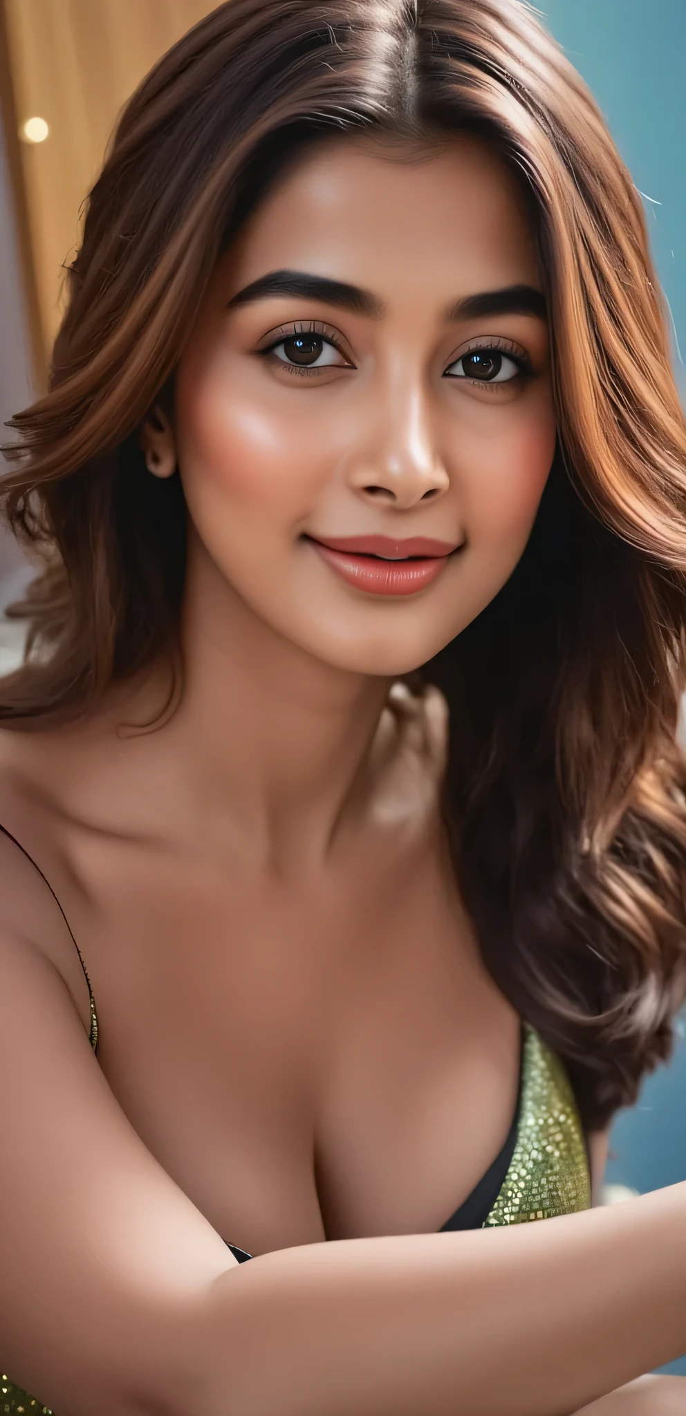 a beautiful indian woman with brown skin tone, wonder woman costume, huge cleavage, leaning forward, looking directly at viewer, intricate detailed facial features, (best quality,4k,8k,highres,masterpiece:1.2),ultra-detailed,(realistic,photorealistic,photo-realistic:1.37),HDR,UHD,studio lighting,ultra-fine painting,sharp focus,physically-based rendering,extreme detail description,professional,vivid colors,bokeh,digital painting,3D render,cinematic lighting,dramatic pose,heroic,powerful,strong,confident
